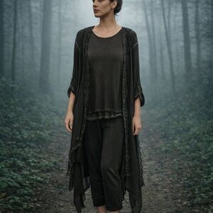 Women’s Grunge Green Lace Duster Tunic Ruched Leggings Set Goblincore Fairy O/S